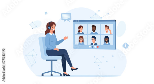 Online Meeting Discussion: Woman Leading a Video Conference with a Diverse Group
