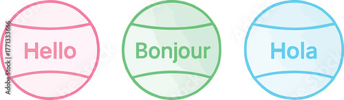 Multilingual greetings showcasing Hello Bonjour Hola in colorful circle designs for international communication and language learning promotion