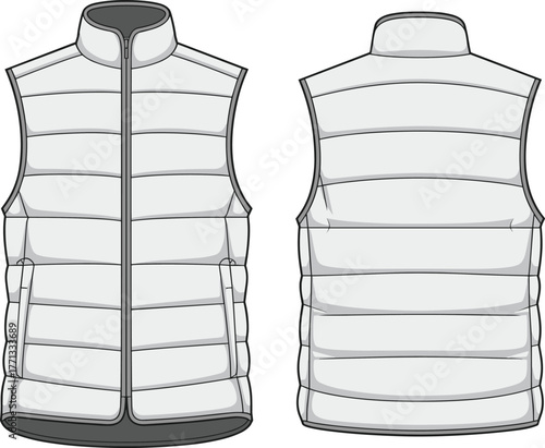 Sleeveless puffer vest technical fashion sketch, front and back view, quilted design, high collar, zipper closure, side pockets, garment illustration template
