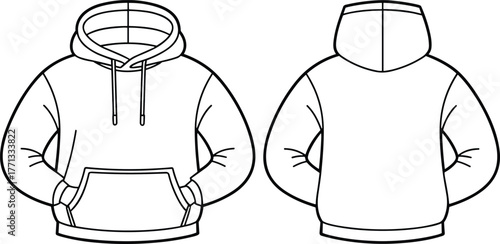 Technical fashion illustration of hooded sweatshirt, front and back view, drawstring hood, kangaroo pocket, ribbed cuffs, hem, casual apparel design