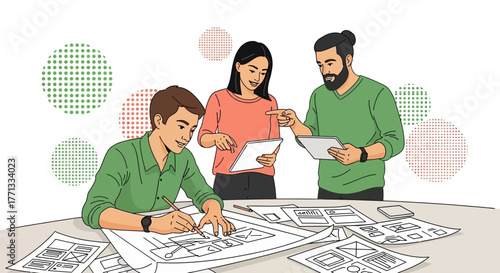 Team Of Designers Collaborating On Creative Blueprint And Digital Application Mockups