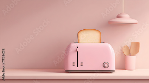A pastel pink toaster with bread on a pink kitchen counter.