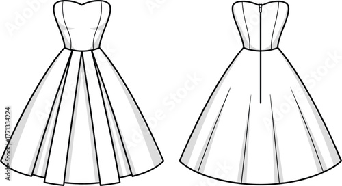 Technical fashion illustration of strapless dress, front and back view, sweetheart neckline, fitted bodice, pleated flared skirt, zipper closure