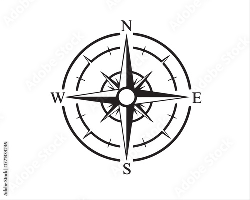 A black and white compass rose illustration showing cardinal directions n, s, e, w