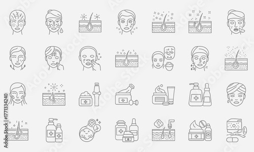 Skincare and Dermatology Line Icons Set Facial Treatment, Beauty Products, and Skin Health Pictograms for Cosmetic Industry and Personal Care