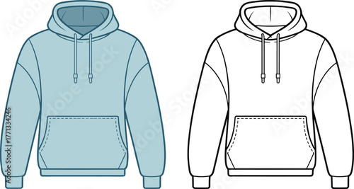 CAD drawing flat vector illustration of hoodie front view colored and line sketch, back view outline, kangaroo pocket, drawstring hood