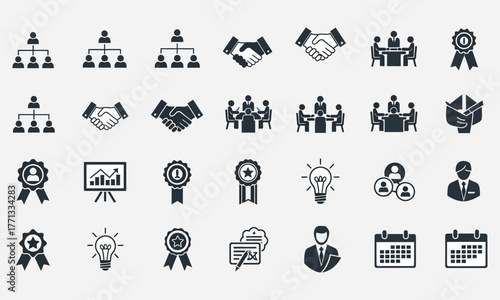 Organizational Chart and Business Meeting Icons for Corporate Strategy and Teamwork