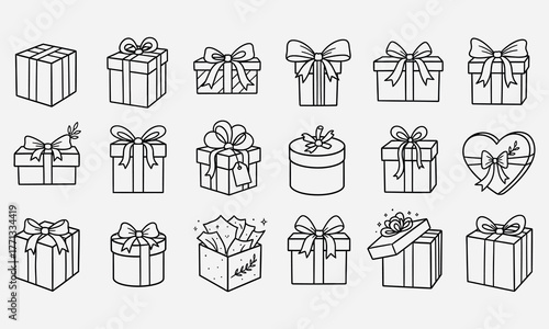 Collection of Gift Boxes with Bows in Line Art Style