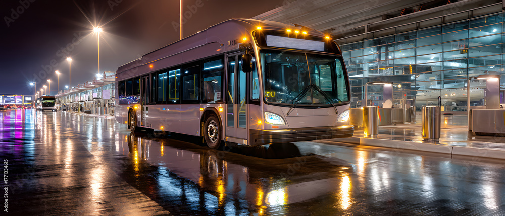 Obraz premium Shuttle Bus at Las Vegas Airport Terminal on a Rainy Night with Bright Reflective Lights