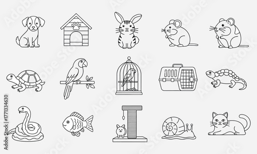 Cute Pet Icons Set A Collection of Adorable Line Art Illustrations of Domestic Animals and Their Accessories
