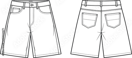 CAD drawing flat vector illustration of knee length shorts front and back view, waistband, belt loops, zipper fly, pocket design