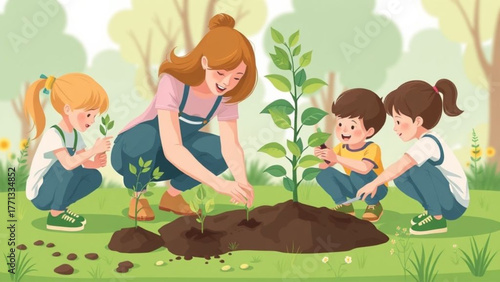 A joyful mother and child cartoon illustration of a woman and her kid having fun in a summer nature park with flowers and green grass