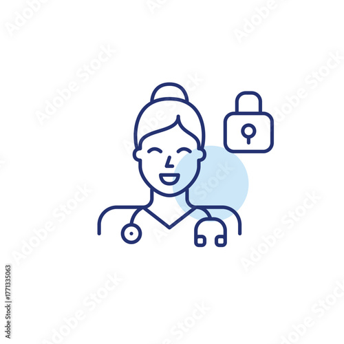 Woman doctor with stethoscope and lock. Patient data security, confidential healthcare. Pixel perfect, editable stroke vector icon