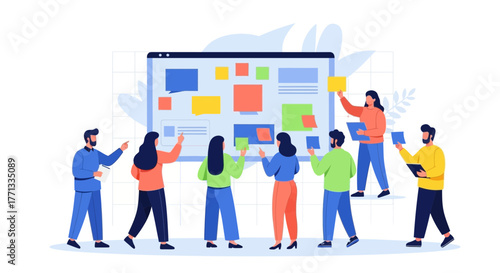 People Collaborating In Front Of A Digital Display For Creative Brainstorming Sessions