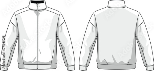 Zip up jacket technical fashion sketch, front and back view, high collar, long sleeves, ribbed cuffs, waistband, garment illustration template