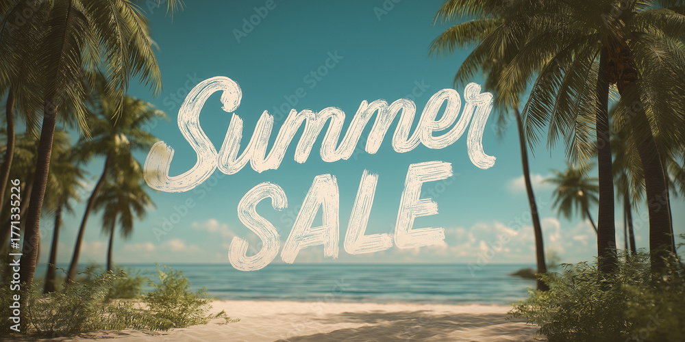 Obraz premium Tropical beach scene with palm trees and ocean, featuring text Summer SALE in bold letters, evoking sense of relaxation and excitement