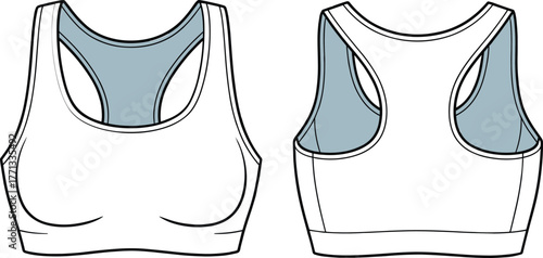 CAD drawing flat vector illustration of sports bra front and back view, racerback design, scoop neckline, wide straps, athletic wear