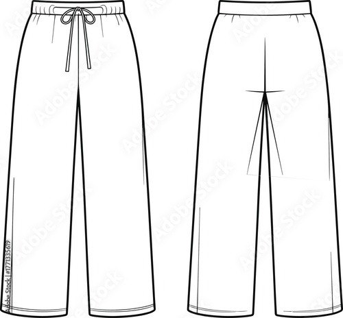 CAD drawing flat vector illustration of sweatpants front and back view, elastic waistband with drawstring, straight leg lounge pants design