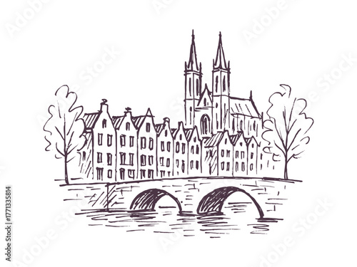 gothic cathedral canal houses bridge sketch line drawing vector illustration