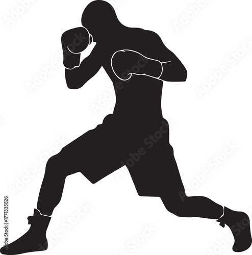 Silhouette of a determined boxer in fighting stance ready for combat athletic action