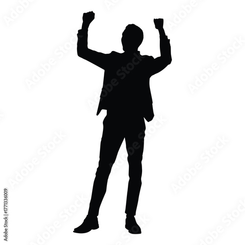 Silhouette of a man in a suit or jacket with both fists raised high in the air. Represents victory, achievement, success, and celebration in business or personal life.