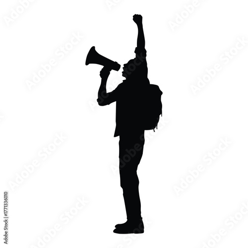 Silhouette of a powerful activist or protester speaking through a megaphone with a raised, triumphant fist. Represents advocacy, demonstration, announcement, and social change.