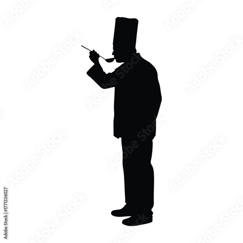Silhouette of a male chef in a tall hat and uniform, carefully tasting food from a spoon. Represents quality control, culinary expertise, food preparation, and flavor testing