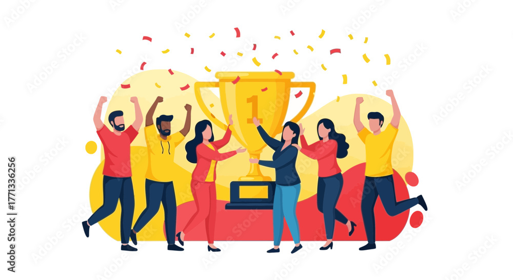 Fototapeta premium Triumphant Team Celebrating Victory Around Trophy with Confetti and Exuberant Joy