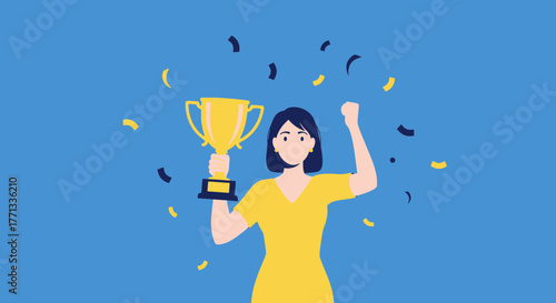 Triumphant Woman Celebrates Success Holding a Golden Trophy Against Vibrant Blue Background