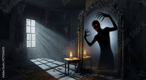 Mysterious haunted mirror reflecting scary shadow
