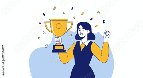 Triumphant Woman Celebrates Success Holding Golden Trophy and Joyful Confetti
