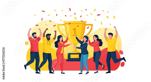 Triumphant Team Celebrating Victory Around Trophy with Confetti and Exuberant Joy