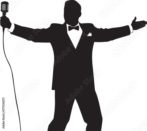 Silhouette of a confident singer in a tuxedo holding a vintage microphone with arms outstretched