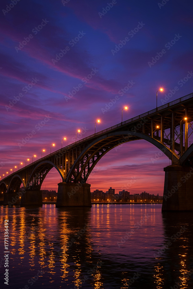 Naklejka premium Steel arch bridge over river at sunset twilight with city skyline in the background