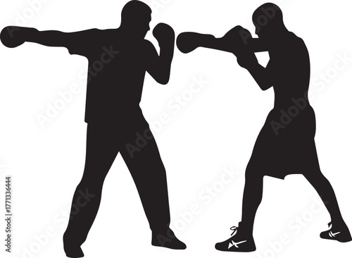 Two silhouetted boxers fighting fiercely in a dramatic combat stance ready to strike