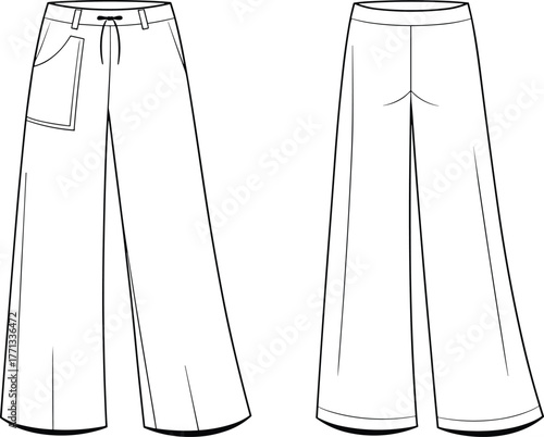 CAD drawing flat vector illustration of wide leg pants front and back view, drawstring waistband, patch pocket, casual fashion design