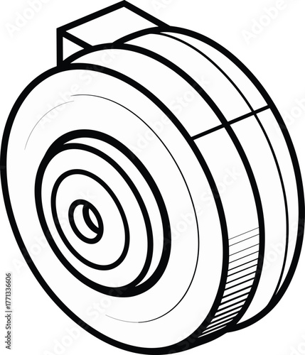 CAD drawing vector line illustration of pulley wheel front view, cylindrical mechanical component with groove, central shaft hole, engineering design
