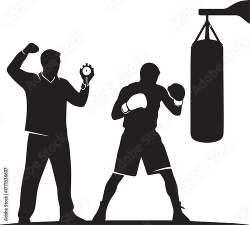 Boxing trainer supervising a boxer hitting a punching bag during a training session