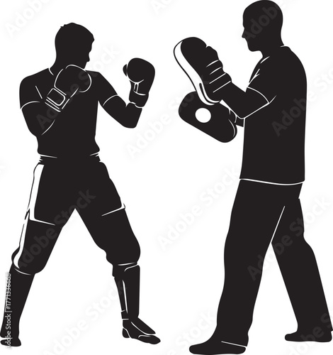Boxing training silhouette of two fighters one training and one punching mitt holder