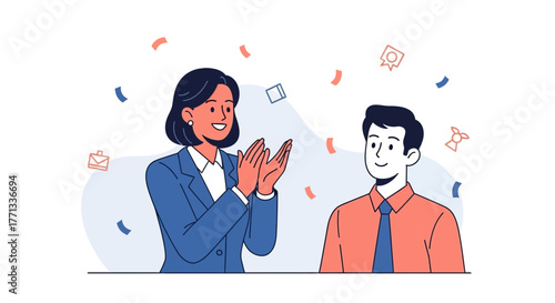 Woman Applauding Colleague for Success with Illustrated Confetti Celebration