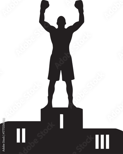 Silhouette of a triumphant boxer raising fists high on a winner's podium celebrating victory