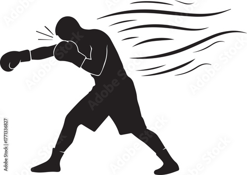 Silhouette of a boxer throwing a powerful punch with dynamic motion lines in black