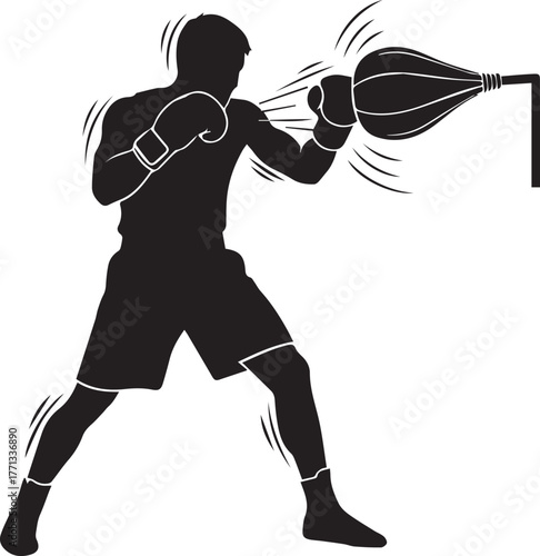 Silhouette of a boxer training with a speed bag in a dynamic pose
