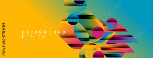 Abstract vibrant design. Circles, stripes blend creating dynamic colorful background. Modern geometric composition, visually appealing.