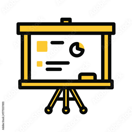 Presentation screen with charts and graphs on a tripod stand
