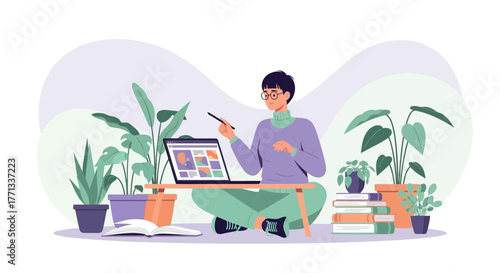 Woman Working From Home Surrounded By Houseplants Using Laptop Computer And Book