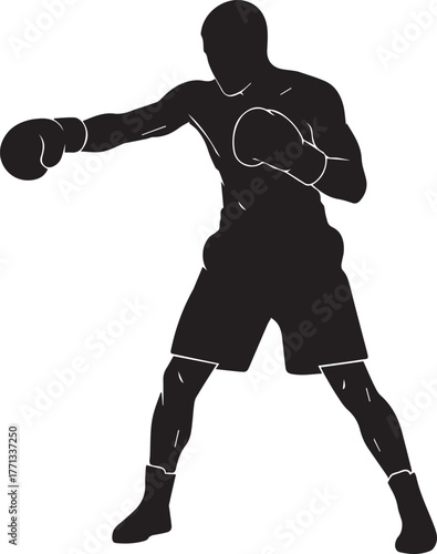 Dynamic silhouette of a boxer throwing a punch in active stance ready for competition