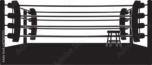 Silhouetted boxing ring with corner stool ready for championship fight sport