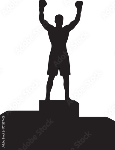 Silhouette of boxer with arms raised in victory on championship podium celebration