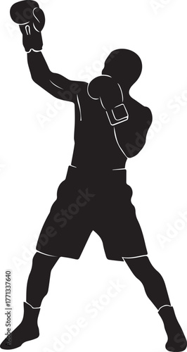 Dynamic silhouette of a boxer in action throwing a punch ready to fight